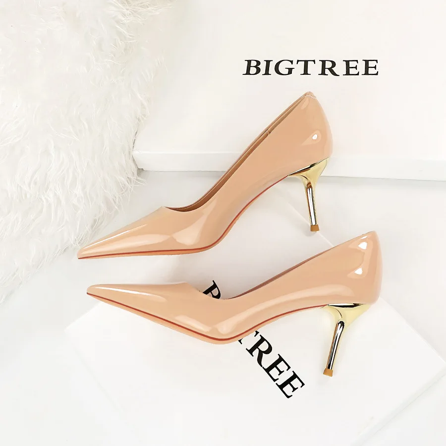 

new pattern fashion Sexy Slim Metal Thin High Heel Shallow Toe Shiny Lacquer Leather Women's Single Women Pumps Ladies Shoes