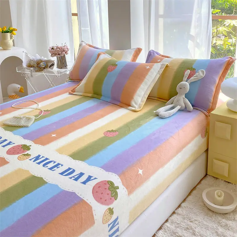 1PCS Sheet Rainbow Stripe Fitted Sheet Non Slip Bedspread Coral Fleece With Elastic Band Mattress Cover (no Pillowcase)