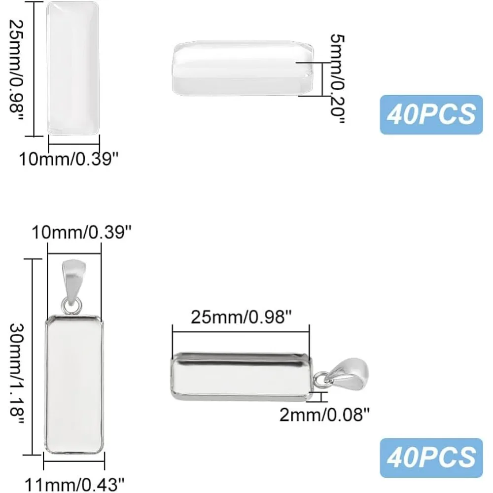 40pcs Rectangle Tray Charm 25x10mm Blank Base Settings with Glass Cabochons Stainless Steel Edge Bezel Blanks Tray ​for Pendant