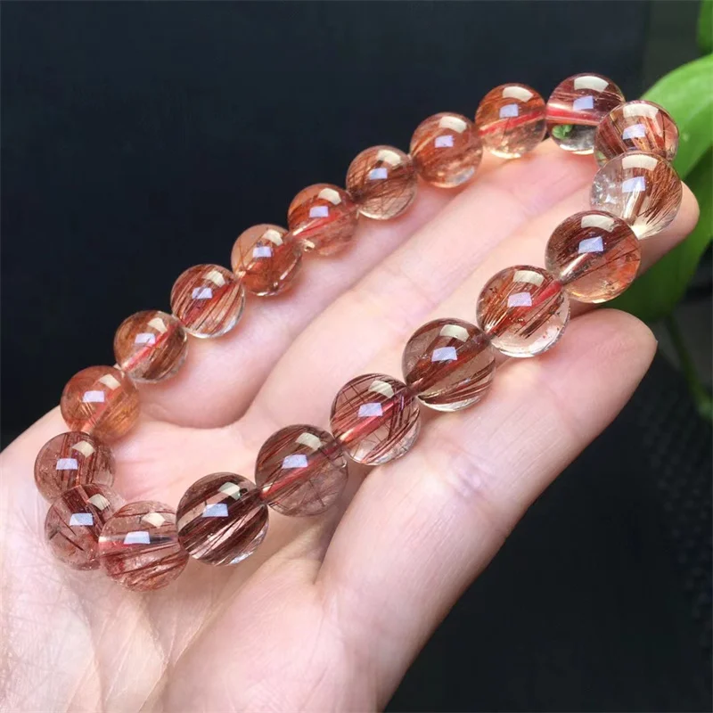 10MM Natural Red Rutilated Quartz Bracelets Women Fashion Red Crystal Clear Round Beads Lovers Strand Bangles Jewelry 1pcs