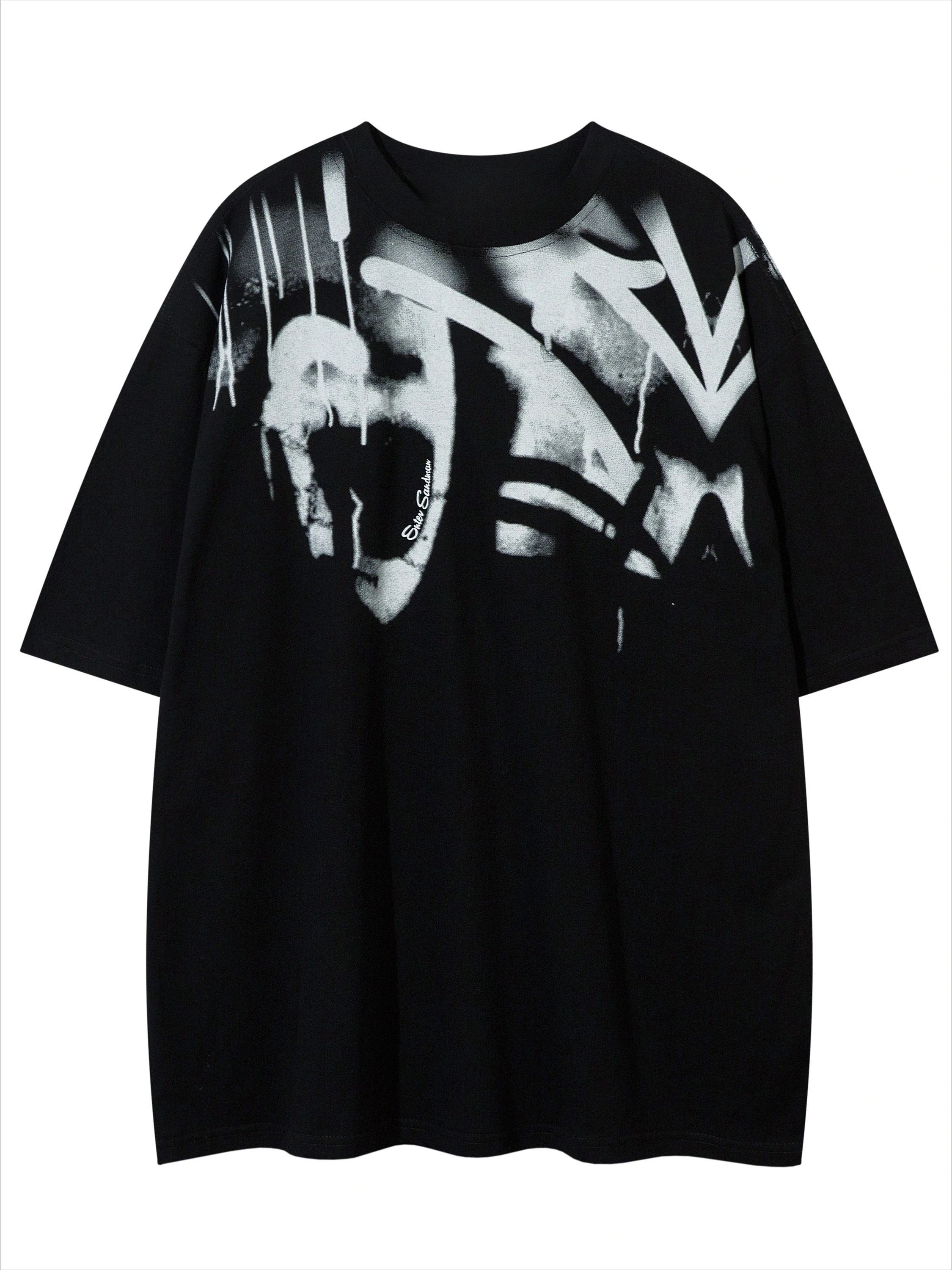 Trendy Dark Graffiti Art Graphic Tee Unisex Men Women Distressed Face Print Streetwear Short Sleeve Casual Top
