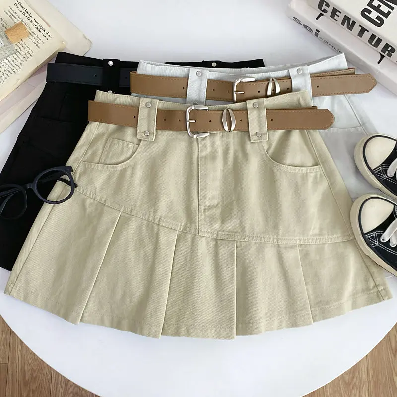 Women's Apricot Mini Pleated Skirt Y2K Gyaru Vintage Harajuku Mini Skirts Korean Style High Waist A-Line Skirt for Women Summer