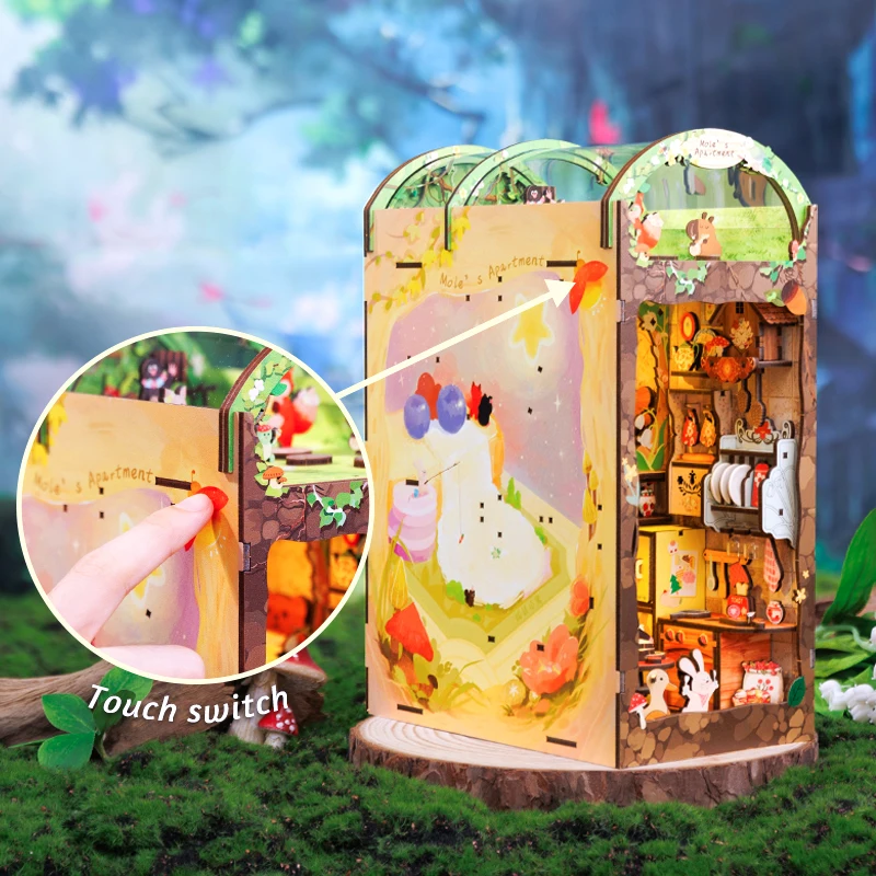 CUTEBEE Book Nook Kit DIY 3D Puzzle Dollhouse with Touch Light Dust Cover Wooden Bookshelf Insert Birthday Gift