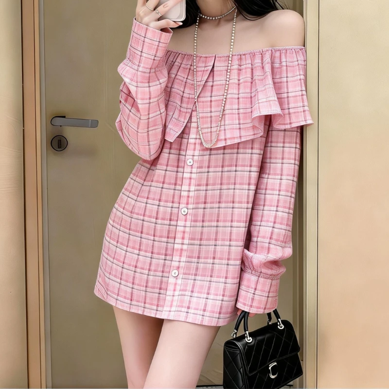 

2026 Spring/Summer Vacation Style One Shoulder Plaid Shirt Women's Long Sleeve Dress Looks Thin and Age Reducing