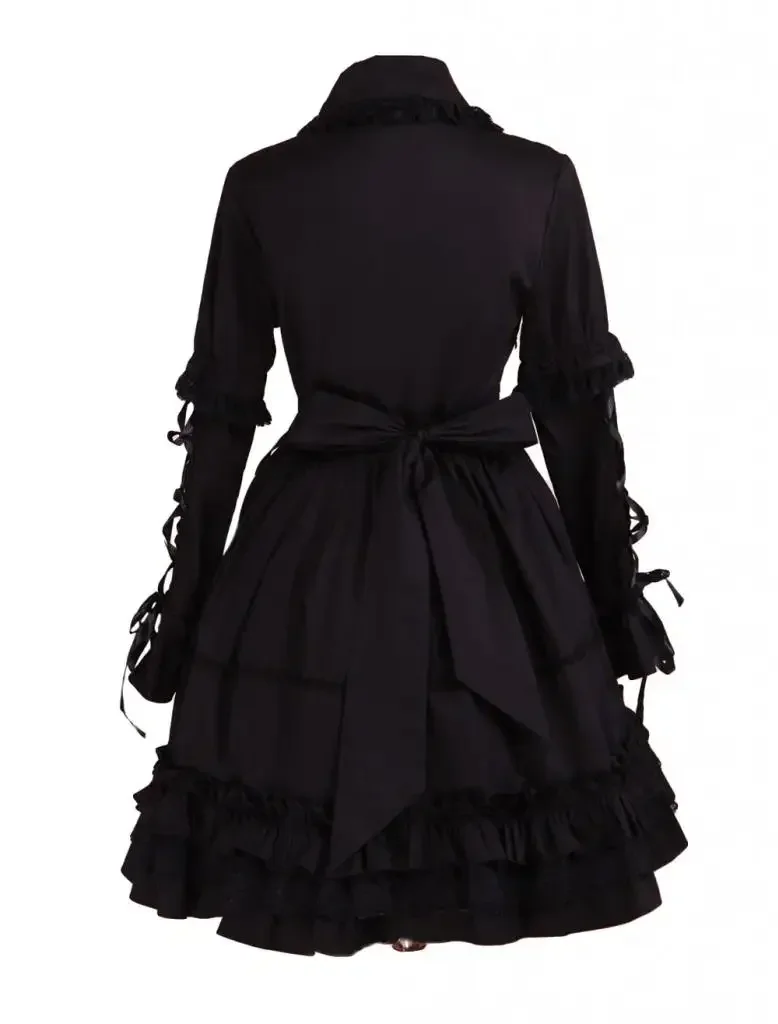 Womens Gothic Style Black Cotton Long Sleeves Court Lolita Dress Party Halloween