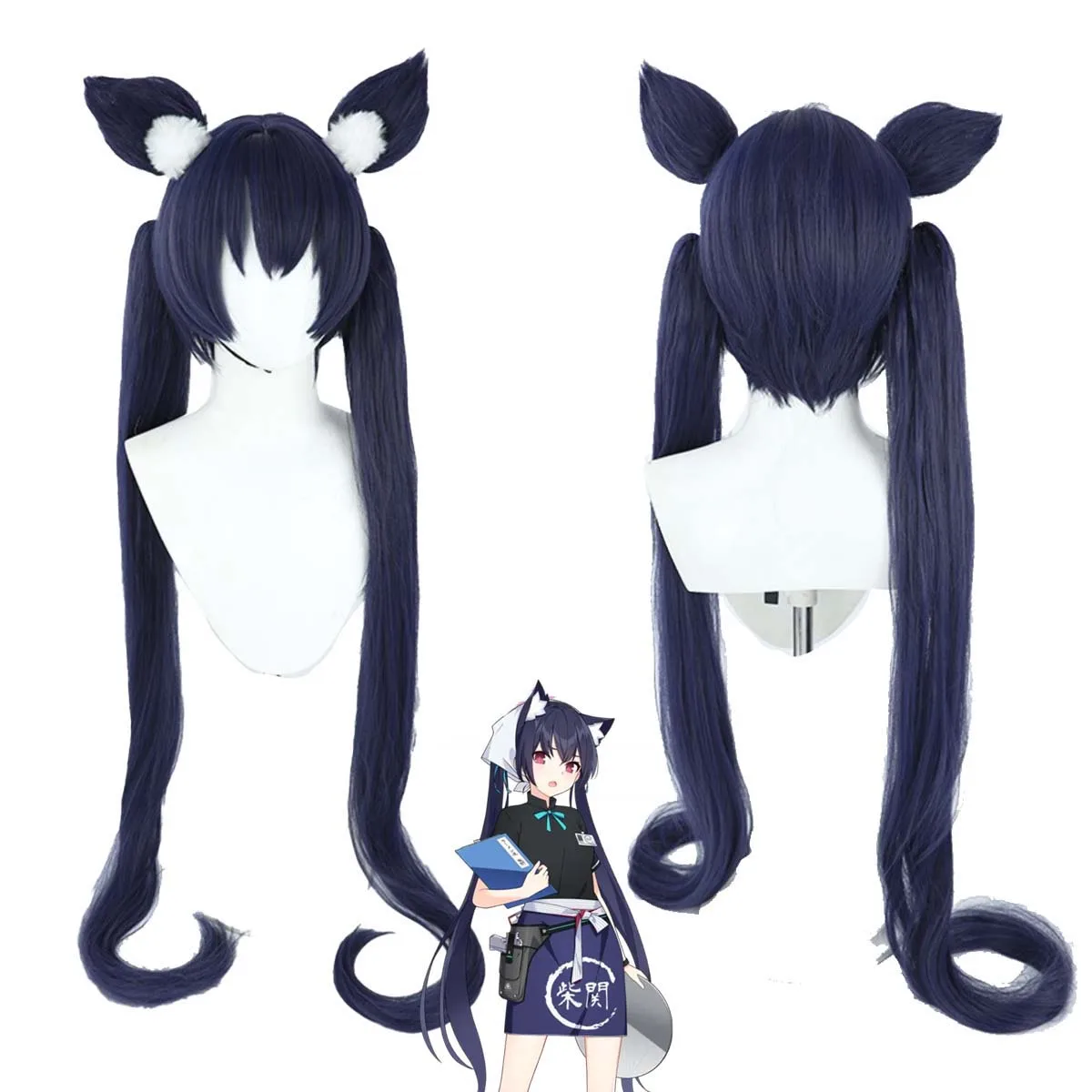 Women Anime Game Blue Archive Cos Kuromi Serika Long Dark Blue Ponytail Hair Wig