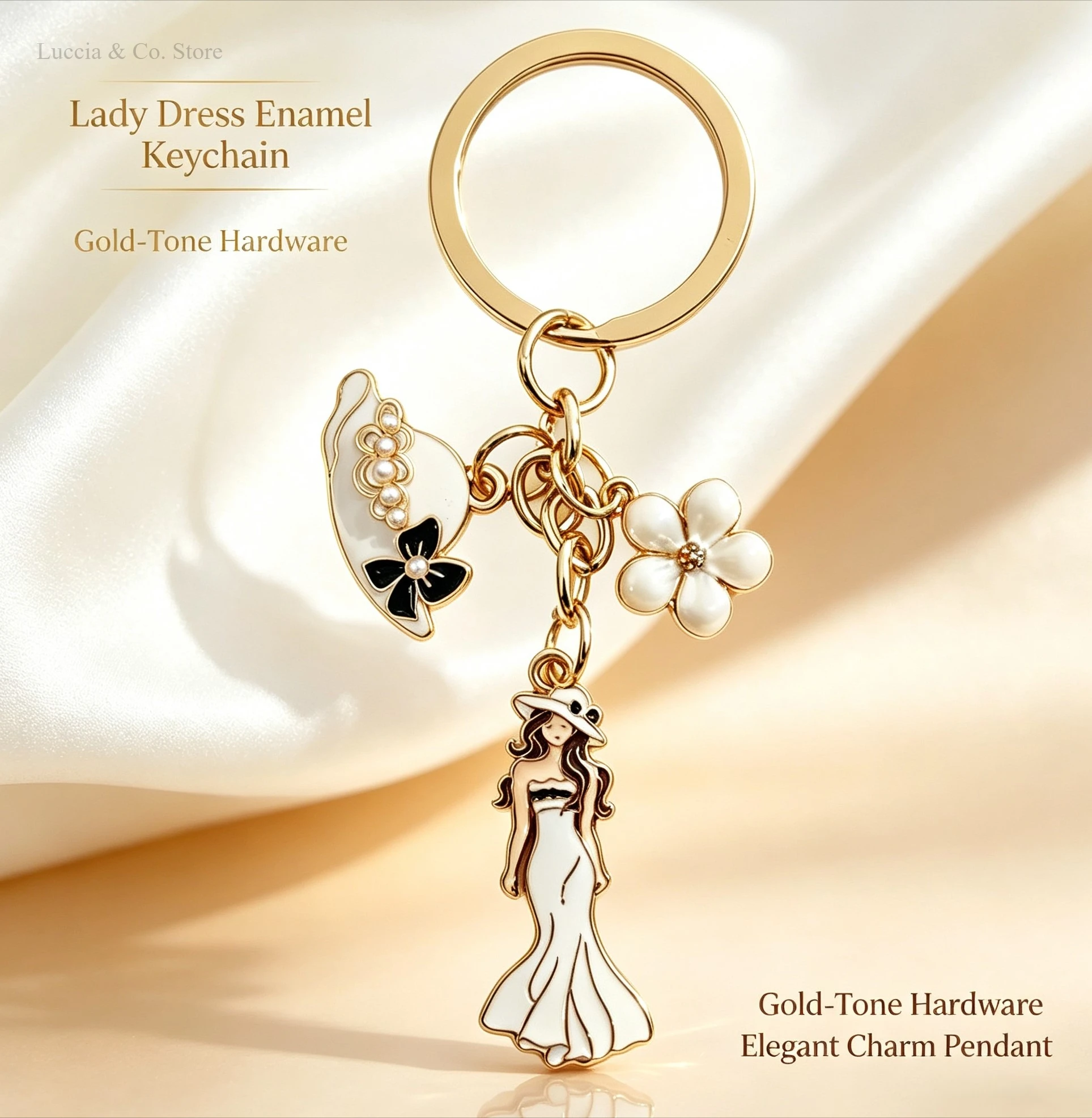 Enamel Alloy Dress Model with Matching Hat Pearl Accessory Key Ring Pendant Keychain Charm Gift Decor Jewelry for Wholesale