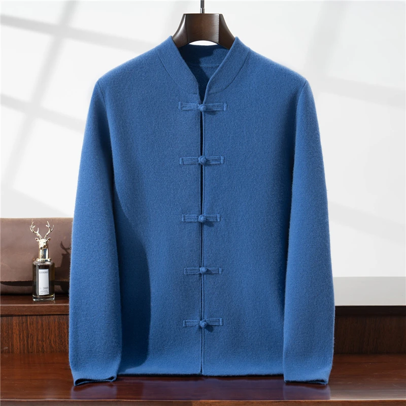 

New Chinese Style Button 100% Wool Cardigan Men's Solid Color Stand Collar Sweater Jacket National Style Fashion Knitted Shirt