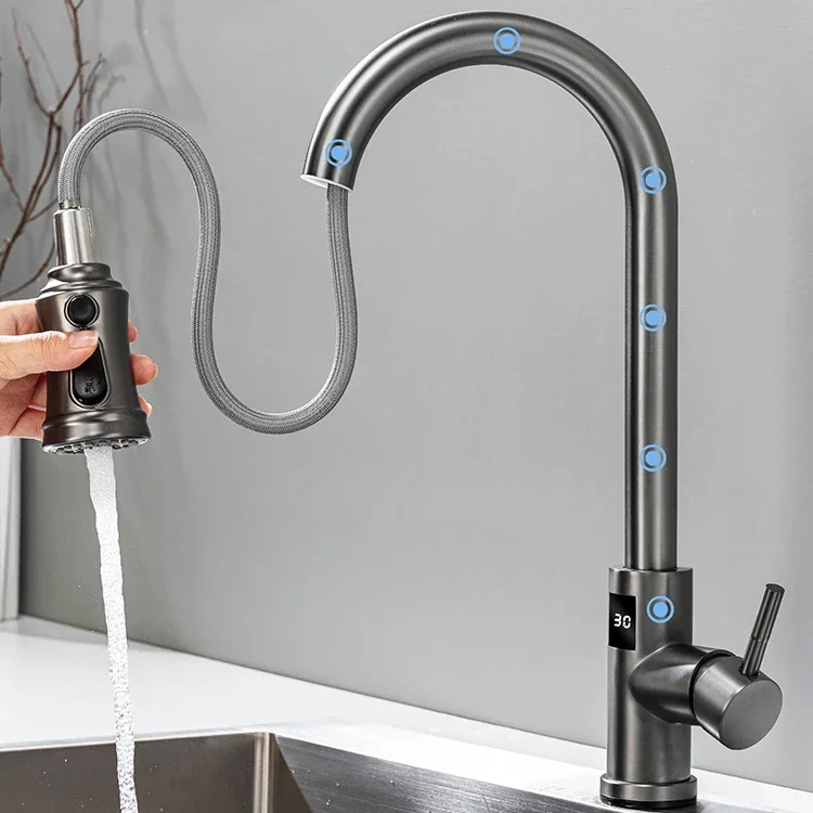 Whtie Digital Touch on Kitchen Sink Faucet Handfree Sensor Touch on Kitchen Faucets Hot Cold Digital Pull Out Kitchen Mixer Tap