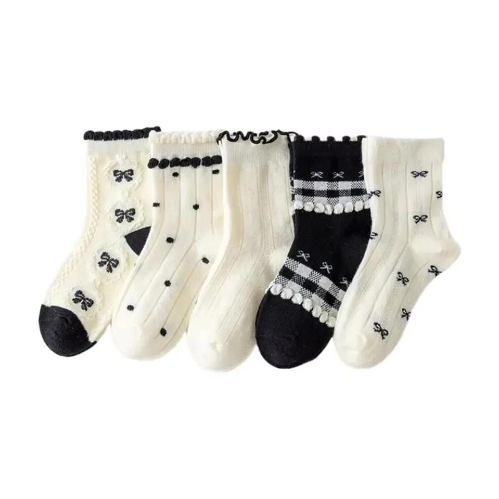 5Pairs 5 Pairs Set Cotton Crew Socks Polka Dot Print Cotton Material Girls Calf Socks Plaid Pattern Ruffle Trim Frilly Bow Socks