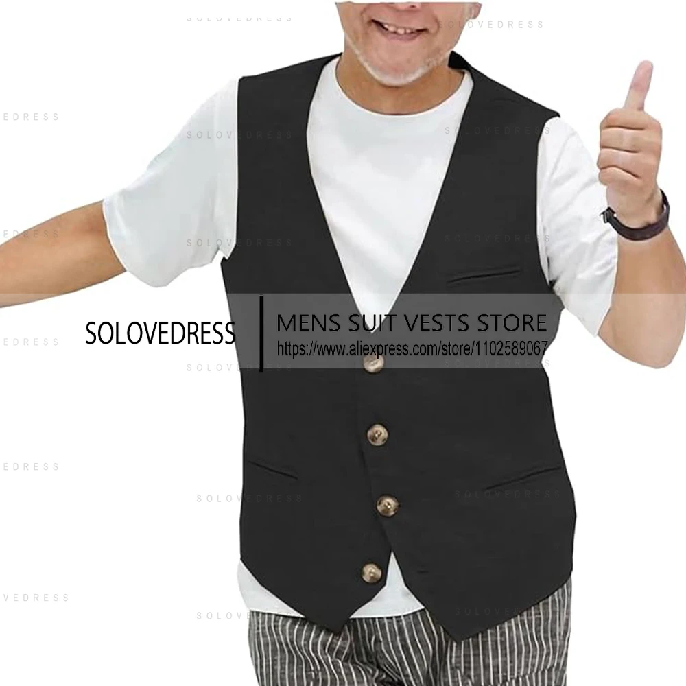 V Neck Men's Casual Linen Vest Business Lightweight Waistcoat Slim Fit  Suit Vest For Summer Wedding