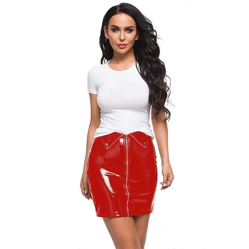 Women Sexy Slim High Waist Shiny Faux Leather Mini Skirts Office Lady PU Leather Button Faux Latex Pencil Skirt Support Custom