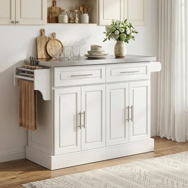 

White 47 Rolling Kitchen Island – Stainless Steel Top, Adjustable Shelves, 2 Drawers, Spice/Knife/Towel Rack