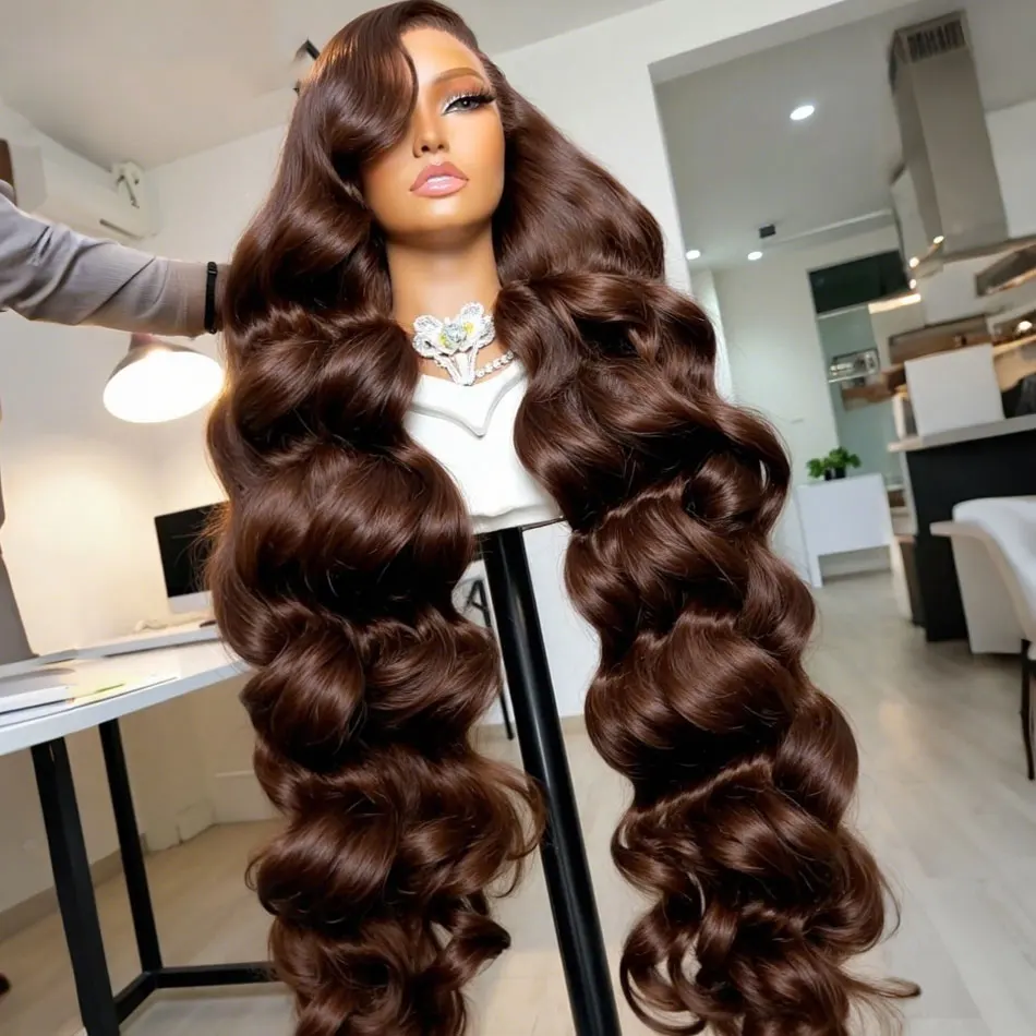 

40-дюймовый парик из натуральных волос, шоколадно-коричневый, с волнистыми локонами, 13x6, с прозрачным HD-кружевом, предварительно выщипанный, с детским волосом, фронтальный парик с прозрачным кружевом