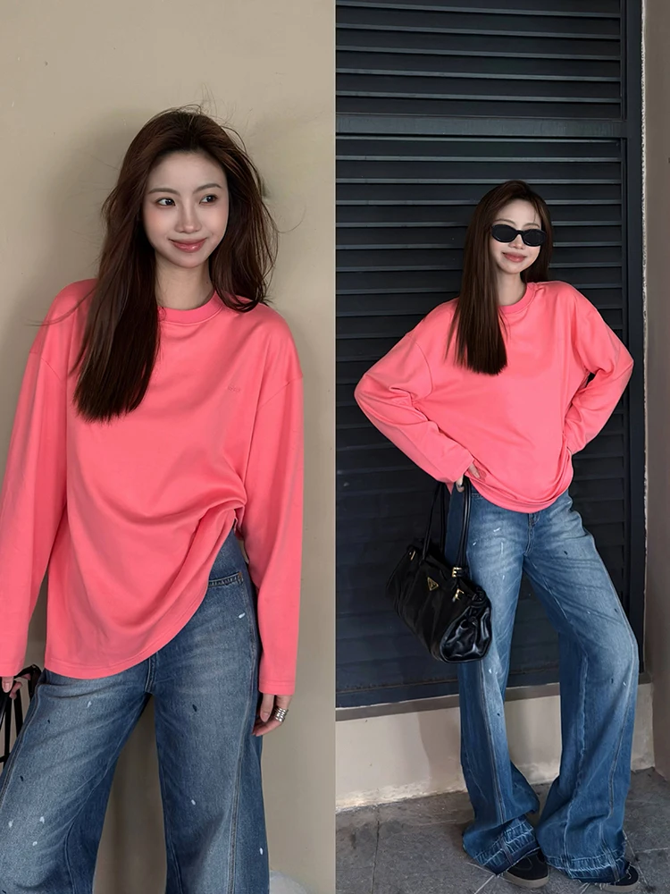 

Однотонная хлопковая футболка с вышивкой и длинным рукавом, мягкая, приятная к телу, свободного кроя, повседневная, с круглым вырезом, для дома и поездок на работу