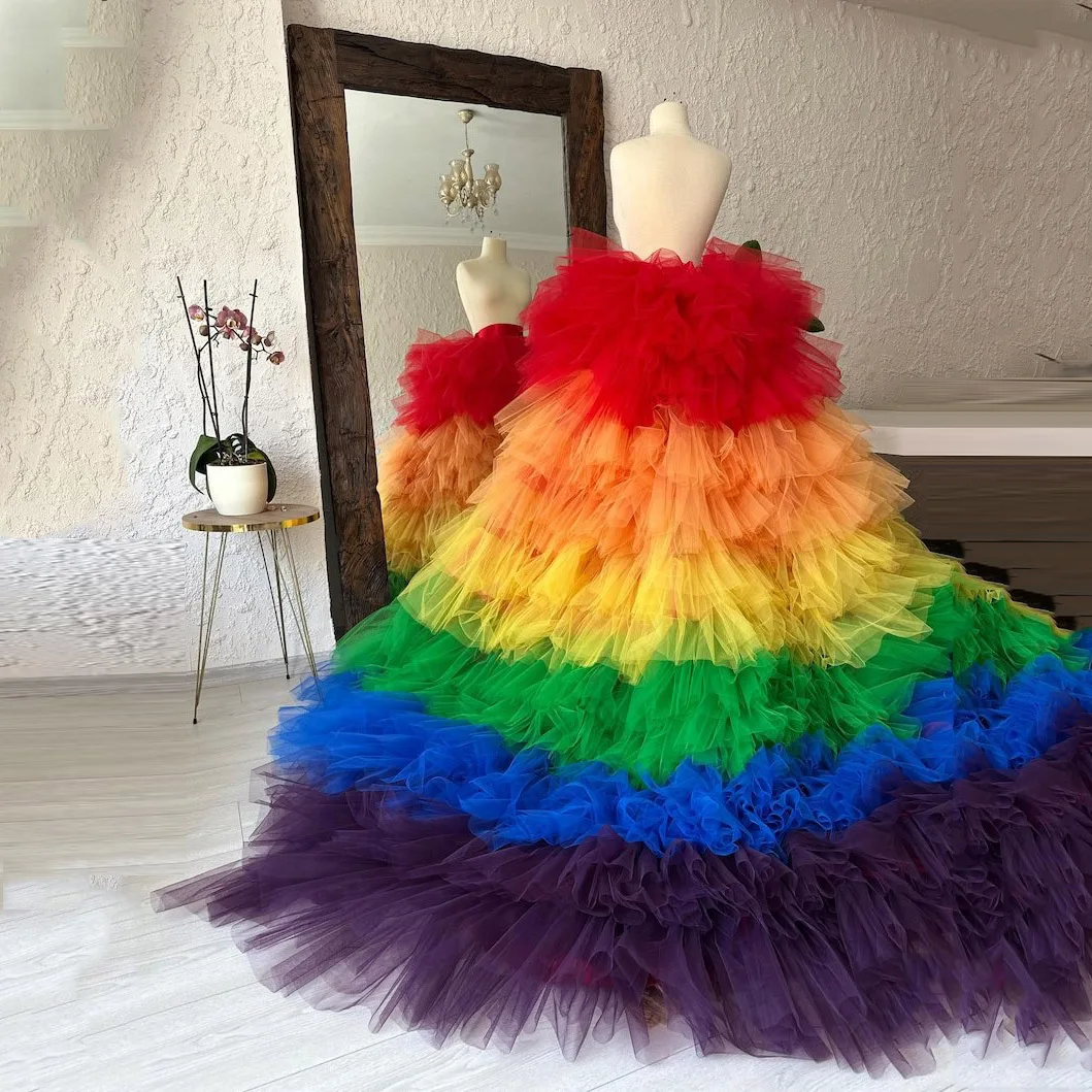 

Exaggerated Long Skirts Ruffled Puffy Layered Rainbow Color Tutu Skirt Female High Fashion Maxi Skirt Woman Mesh