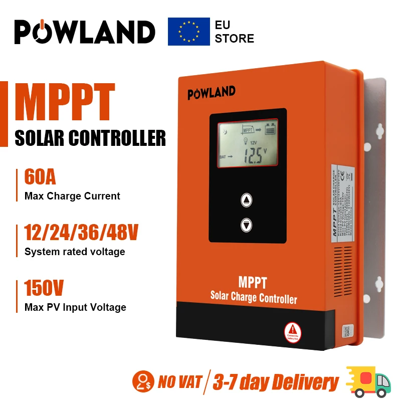 POWLAND 60A MPPT Solar Charger Controller 12V 24V 36V 48V Auto Lifepo4 Battery Charger Solar Panel Regulator Max PV Input 150VDC