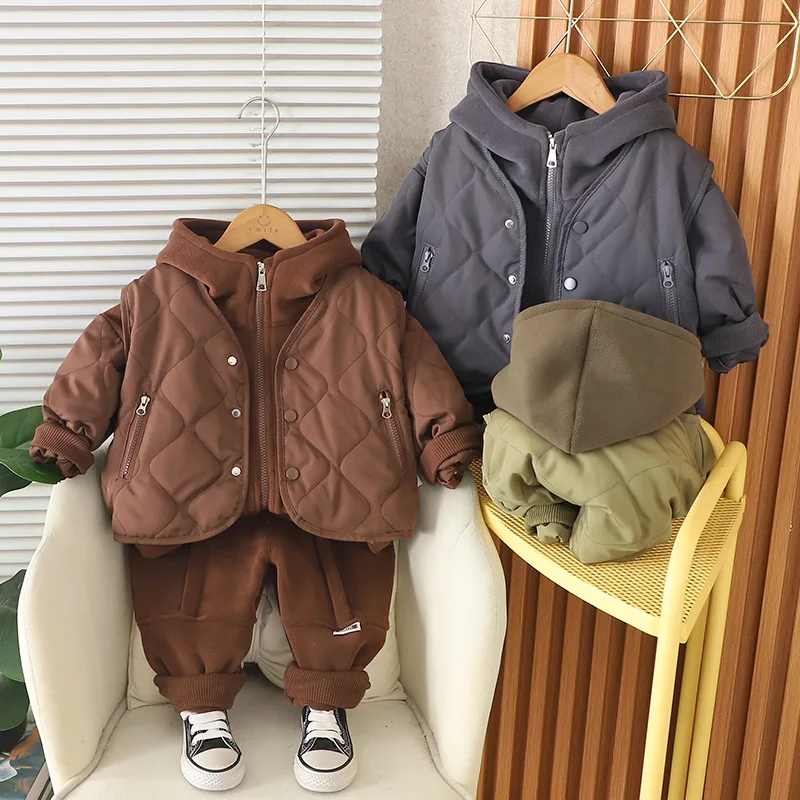 

Boys Clothes Sets Winter 2025 Children Down Vest Hoodies Coats Pants 3pcs Thick Warm Suit For Baby Outfits Kids Tracksuits 4 5Y