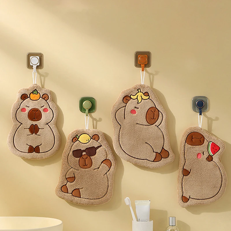 Cartoon Hand Towel Cute Capybara Hanging Towel Kitchen Bathroom Face Washcloth Guinea Pig Coral Fleece Quick Drying Towel