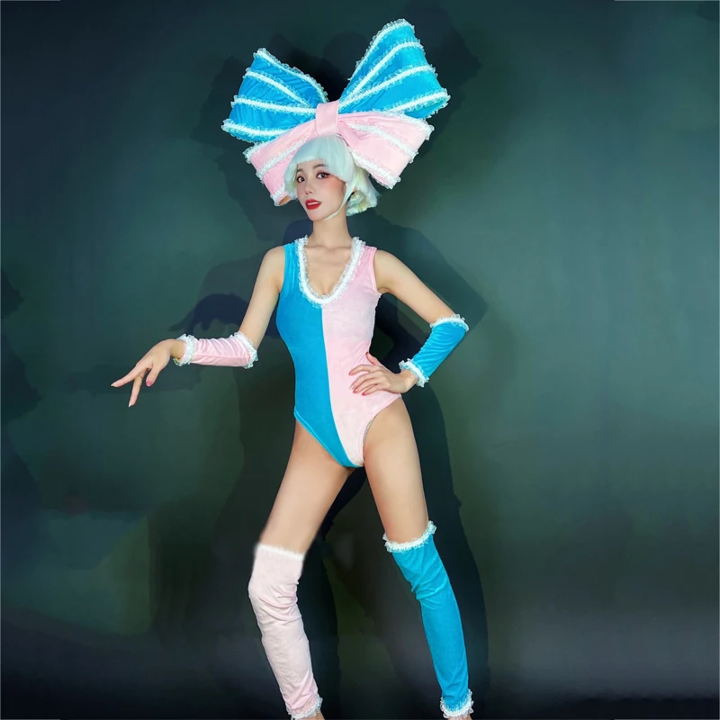 Female Gogo Dancing Clothes Dancer Outfiys Lovely Bow Headwear Bodysuit Pole Dance Costume Jazz Dance Performance Clothing