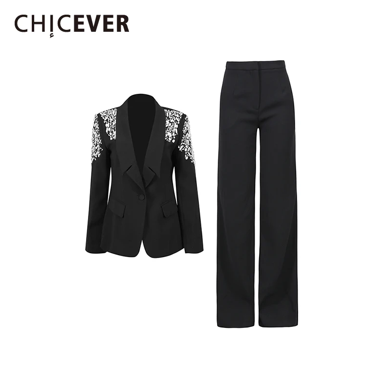 

CHICEVER Black Spliced Diamonds Two Piece Set Female Lapel Long Sleeve Jacket Office Lady Chic Women's Trousers Sets Fashion New