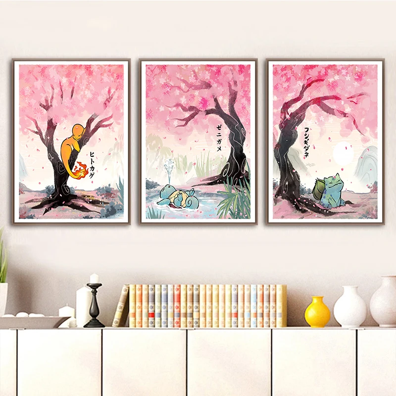 Pokemon Pink Sakura Poster Pikachu Bulbasaur Squirtle Charmander Canvas Painting Anime Figure Wall Art Prints Living Room Decor