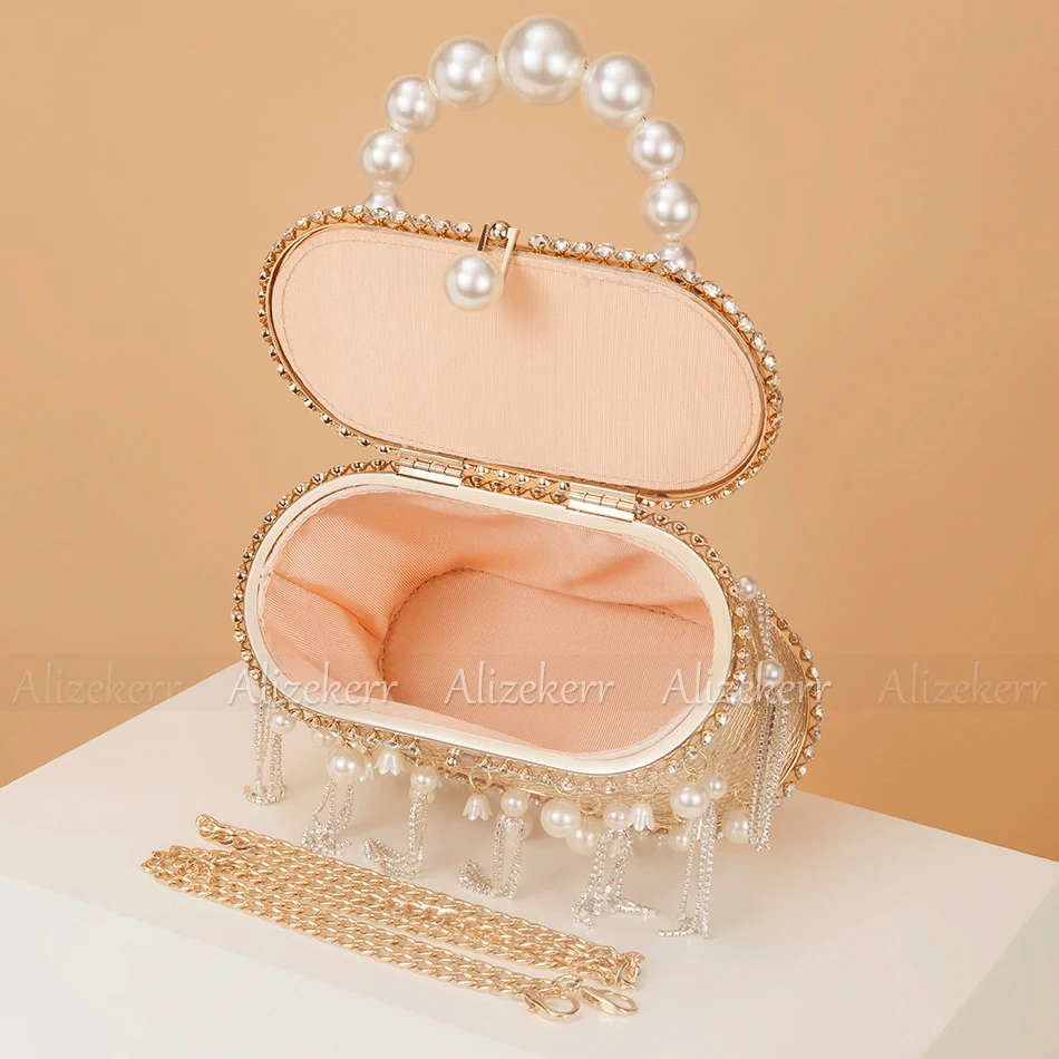 Alizekerr Diamond Tassel Evening Bags Women Gorgeous Unique Hollow Out Pearl Metal Cage Clutch Purses And Handbags Wedding Party