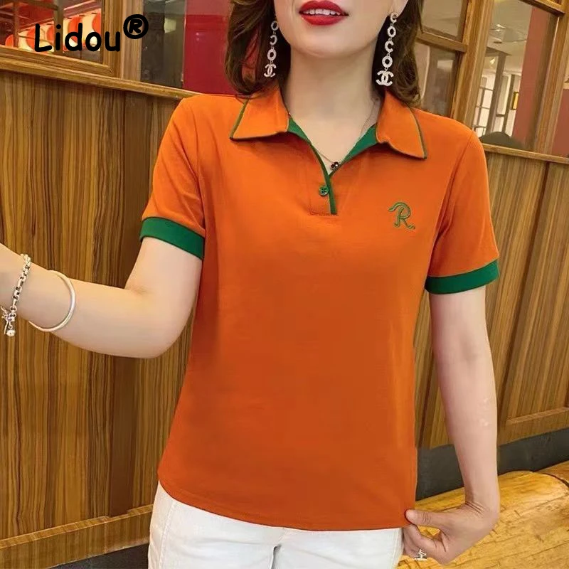 

New Women Summer Contrast Color Letter Polo Shirts Female Casual Short Sleeve Tees Fashion Sports Joggers Tops Y2K Ropa De Mujer