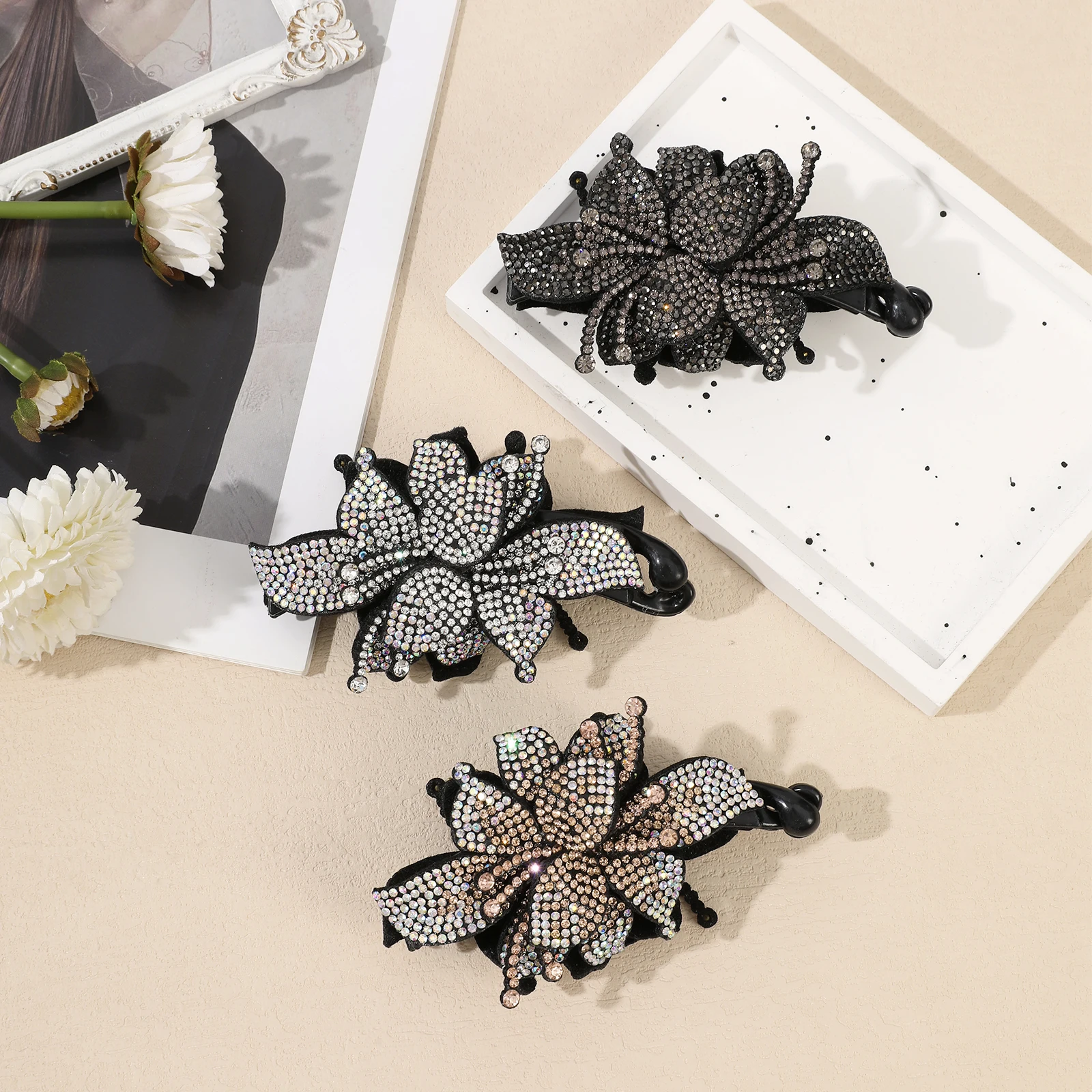 AWAYTR Rhinestone Flower Hair Clip Banana Clip Vintage Hair Clips for Women Girls Hairpin Hair Clips Hair Accessories - Image 2