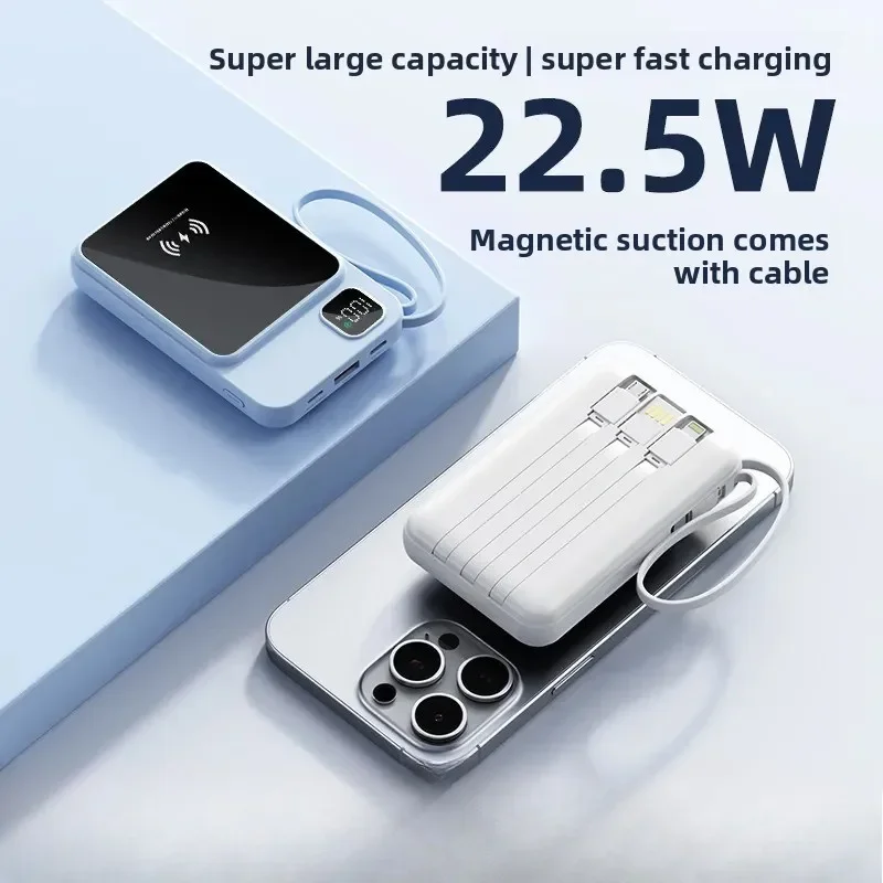 

12000mAh Power Bank with Built-in Cable and Wireless Magnetic Charging for iPhone 15 14 13 12 Series Smart Digital