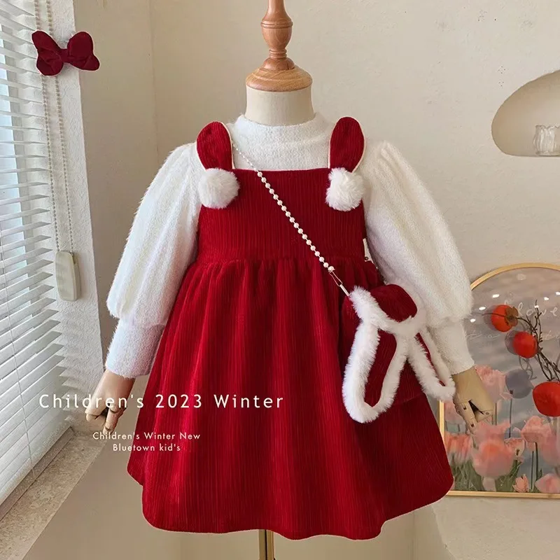 

Girls' New Year Outfit Winter New Fleece Tang Suit Dress Baby Stylish Cute Bunny Princess Dress Two-Piece Set