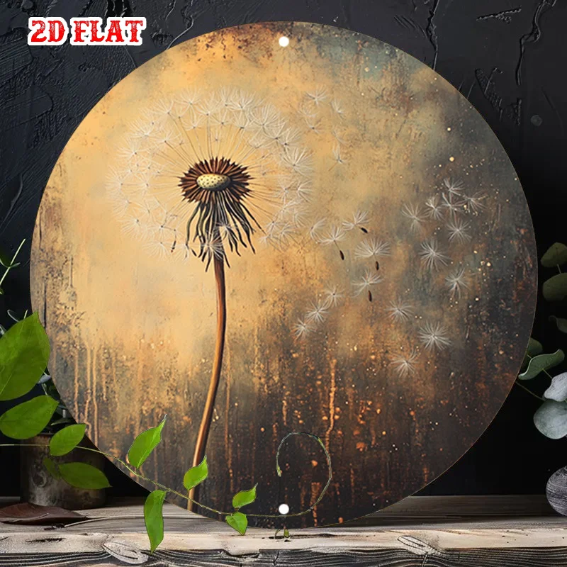 1pc Dandelion Seed Dispersion Round Metal Wall Art - 2D Flat Aluminum Sign with Rustic Vintage Design, Nature-Inspired Decor for