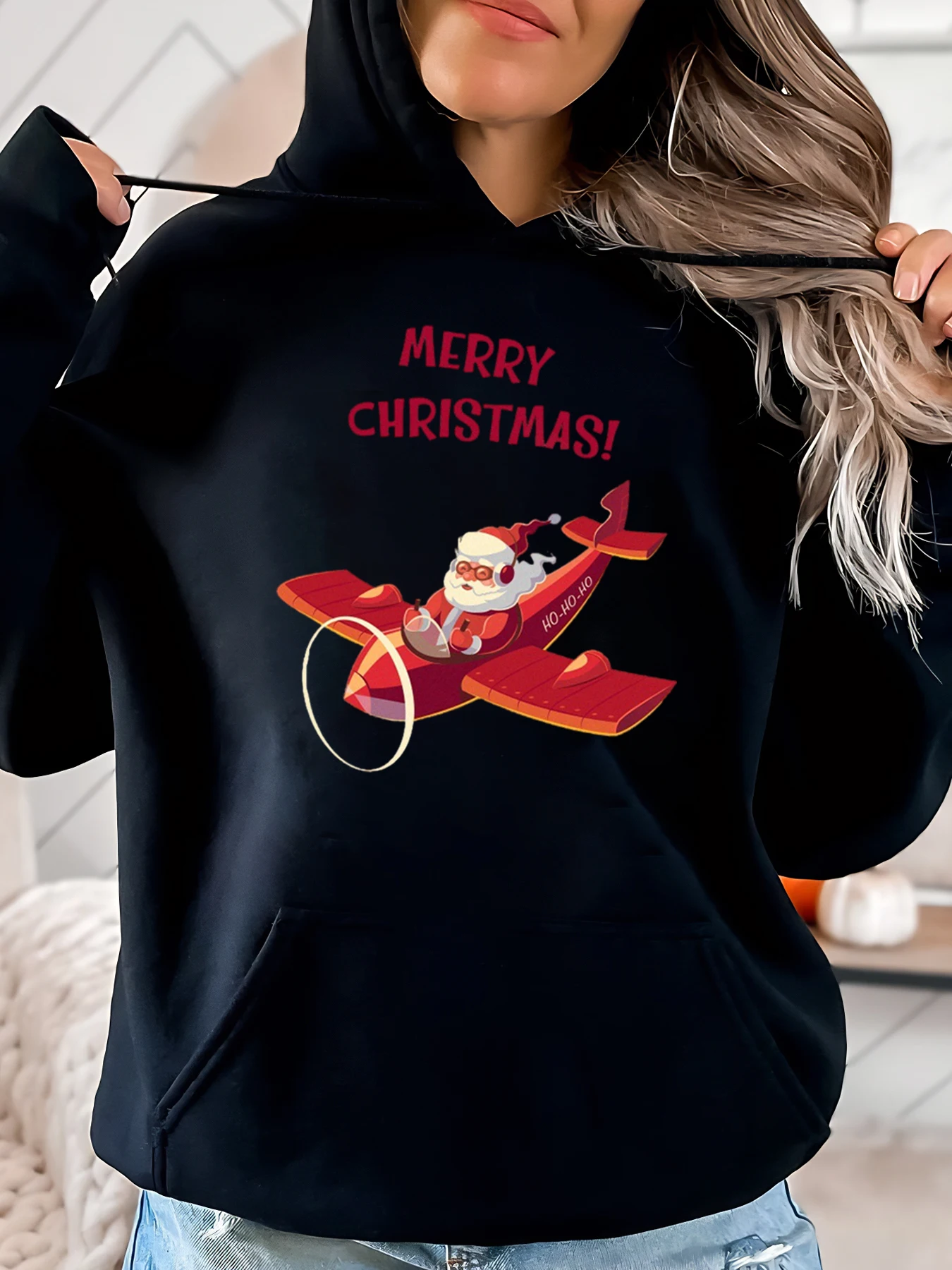 

Santa Flying Plane Merry Christmas Hoodie Women Casual Holiday Wear Black Plus-Size