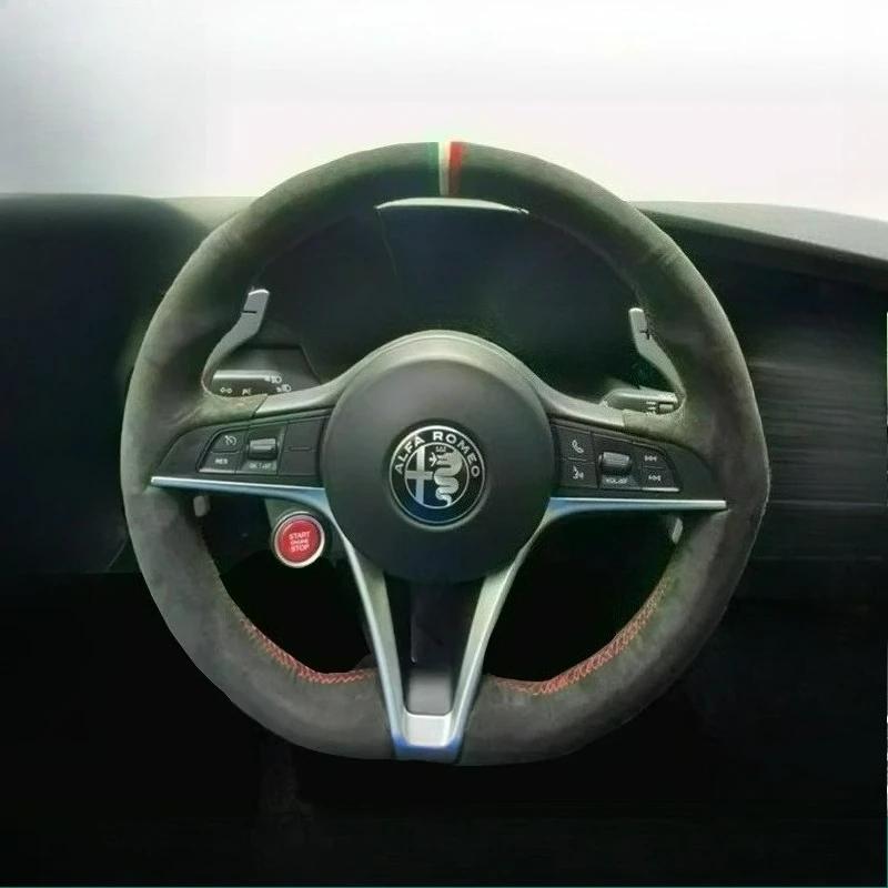 

For Alfa Romeo giulia Stelvio Hand Stitched renovation wear-resistant black brown suede leather car Steering wheel cover For