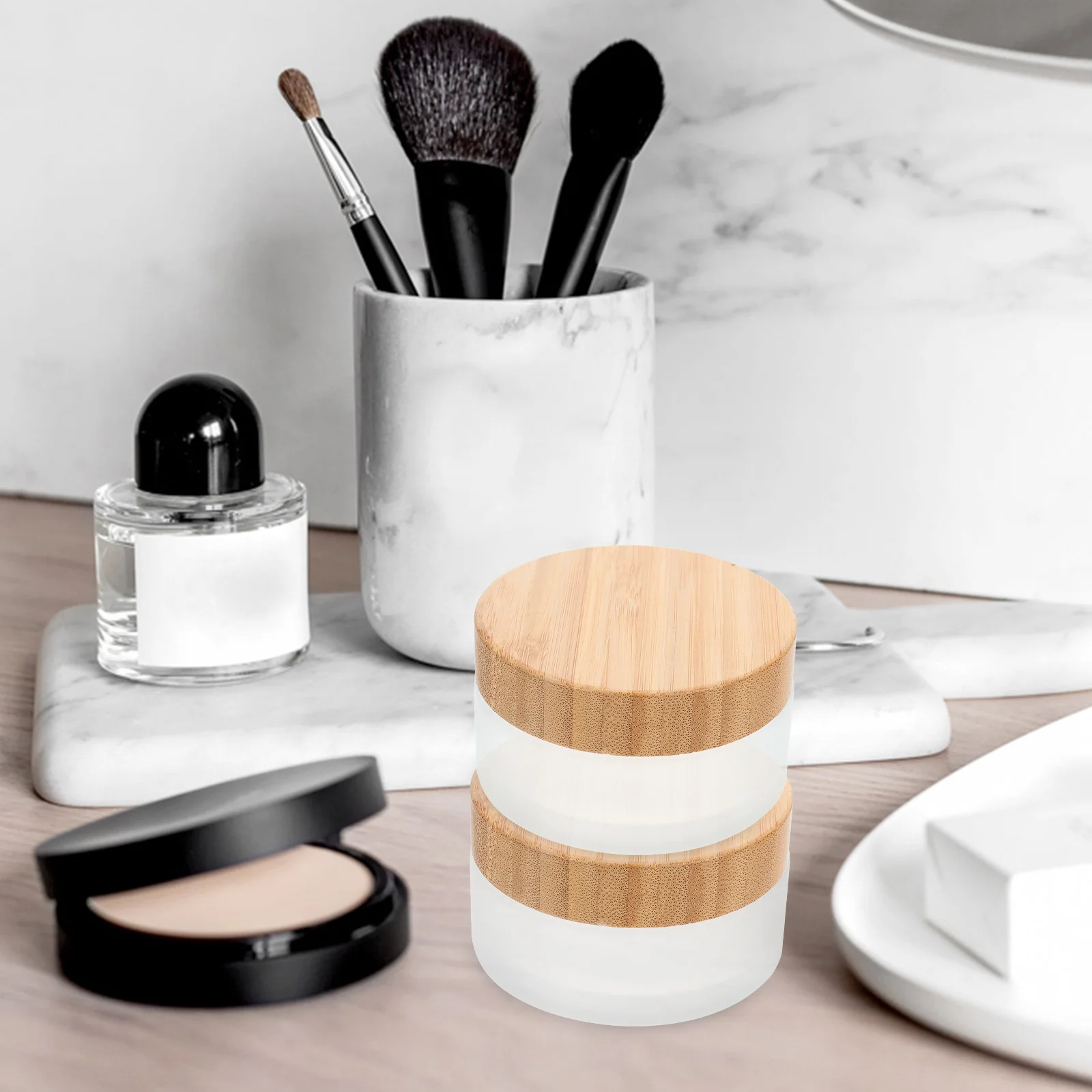 

2Pcs Bamboo Lid Facial Cream Jars Small Glass Containers Reusable Skincare Storage Bottles for Face Balm Lip Balm