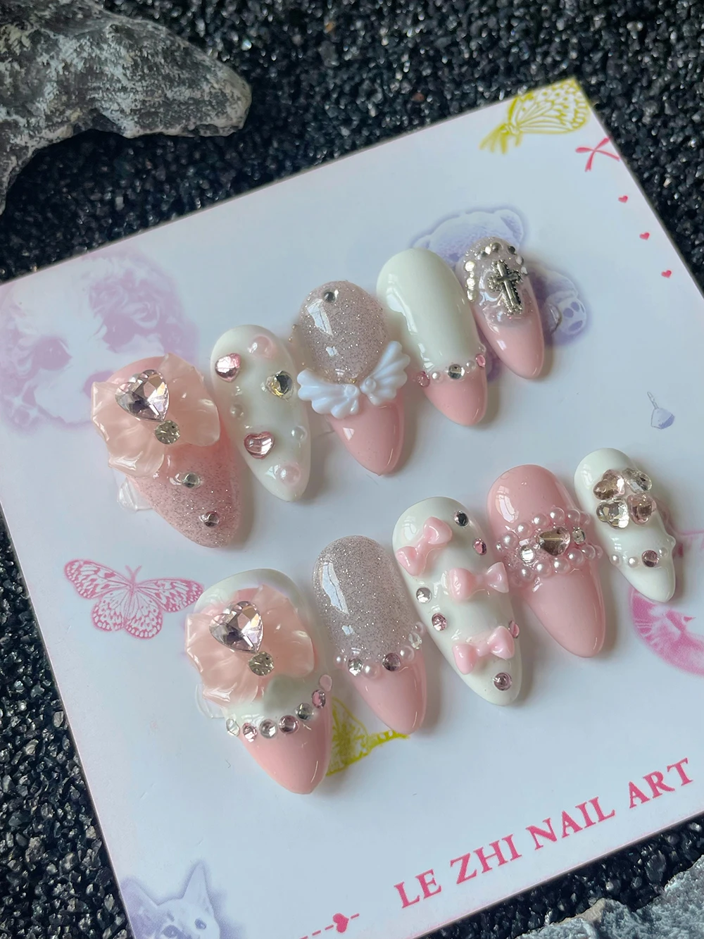 

Pink Sweet Almond Press On Nails Art Love Diamond Pearl Bowknot Glitter Powder Wings Handmade Nails Manicure Party Sticker Gifts
