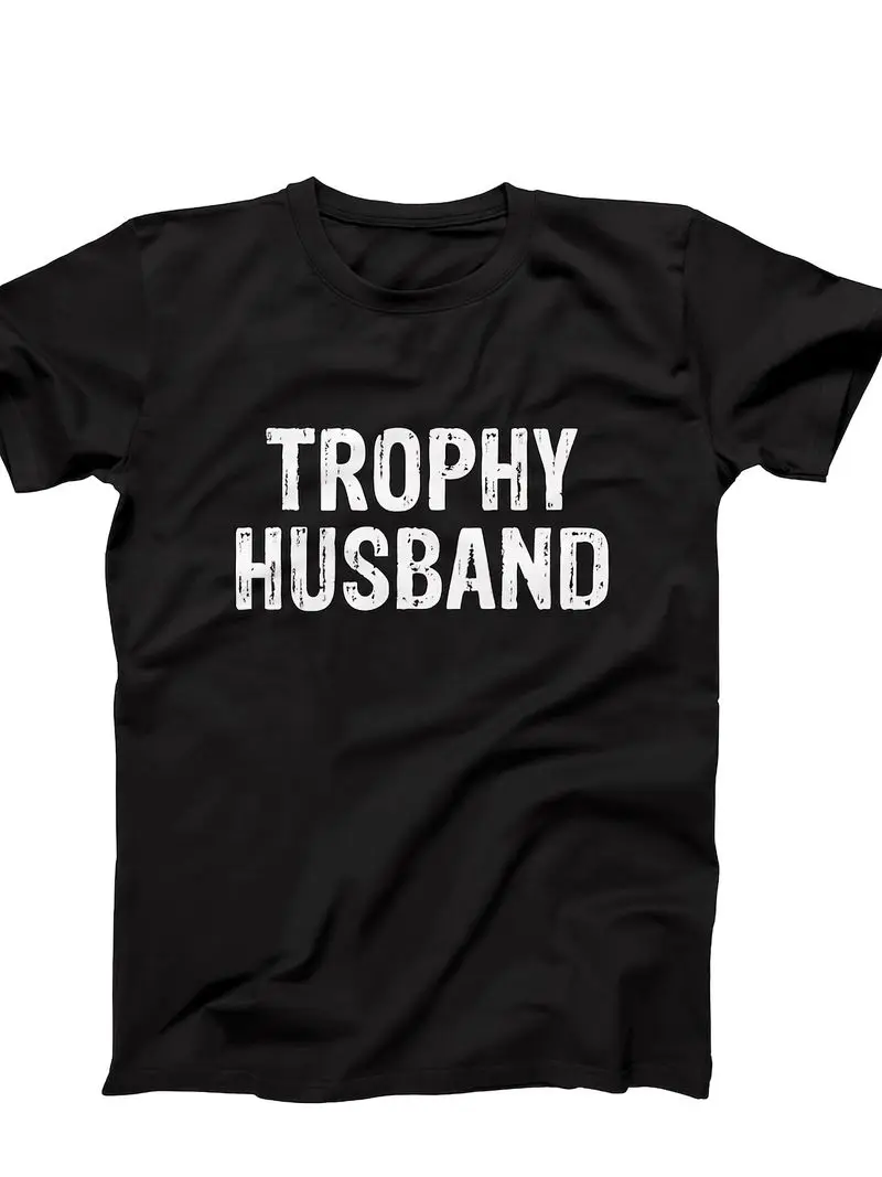 Plus Size Short Sleeve T-Shirt Black Crew Neck Tee For Men Trophy Husband Bold Text Design Vintage Distressed Look Gift For Him