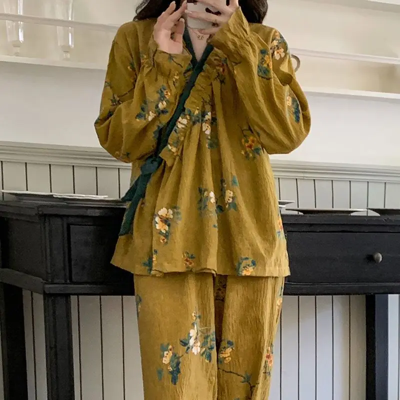 

retro Women's pajamas Spring autumn floral Comfortable Sleepwear girl long sleeves Cotton Pajama Set suit loose student homewear