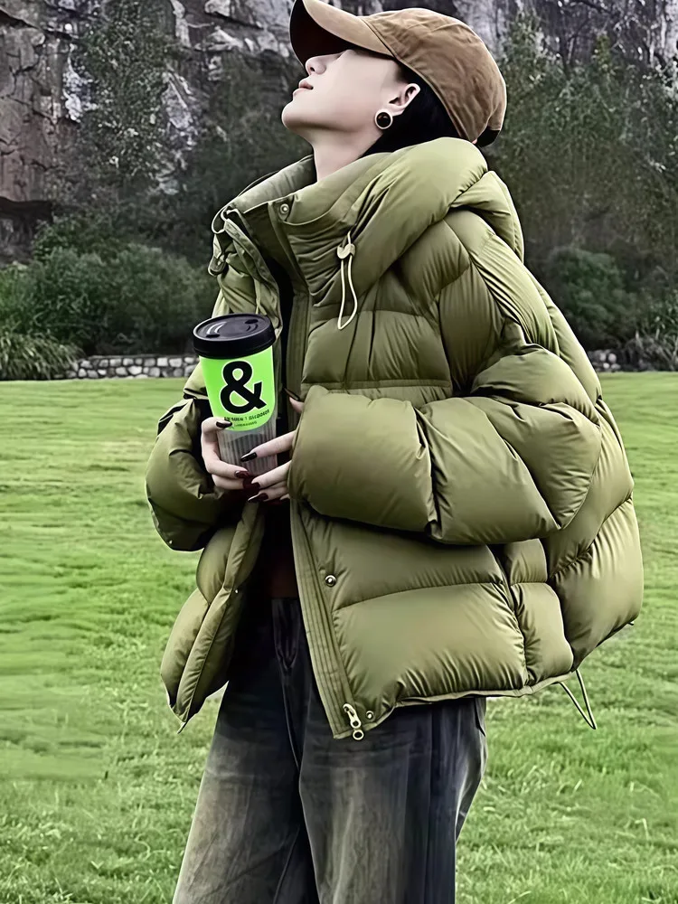 Women's Short Puffer Jacket Hooded Duck down Bread Style Green Faux Turtle Back Winter Warm Coat Commute Fashion Korean Version