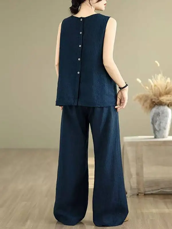   2025년 여름 블루 린넨 와이드 레그 팬츠 세트 고급 루즈핏 슬림핏 다용도 여성 출퇴근복