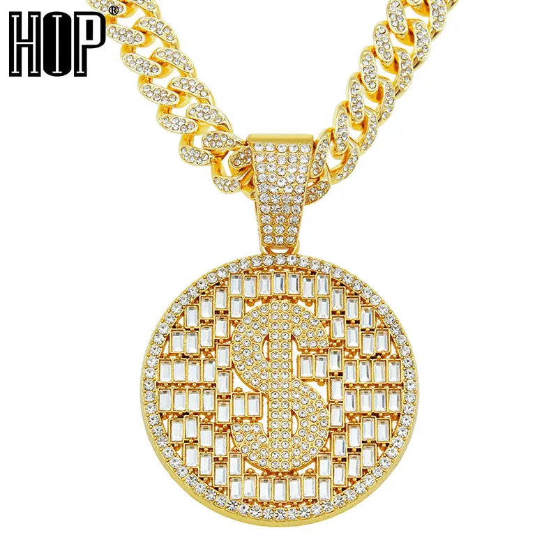 HIP Iced Out Dollar Pendants with 13mm Crystal Cuban Chain Necklaces For Men Women Rapper Bling Charm Jewelry