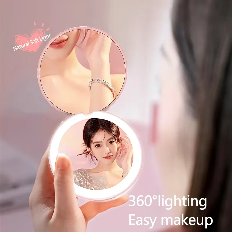 Mini Compact Led Makeup Mirror With Light 3X Magnifying Small Pocket Portable Travel Pink B