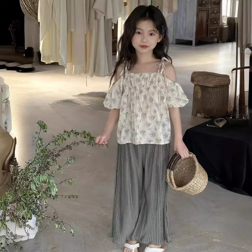 

Рубашка для девочек, Новинка лета 2024, корейский стиль, рубашка для девочек с цветочным принтом, Детская рубашка с открытыми плечами и шнуровкой, Повседневная простая