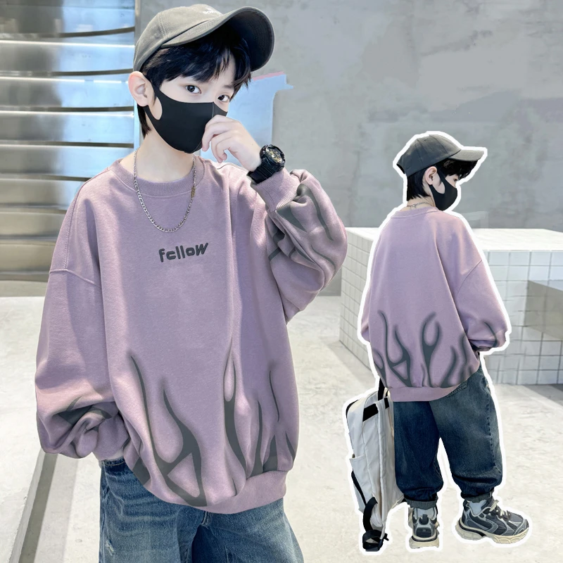 Spring Autumn Fashion Children's Sweatshirt Boy Casual Purple Color Hoodie Kids Cotton Pullover Outfit School Clothing 5 To 14 Y