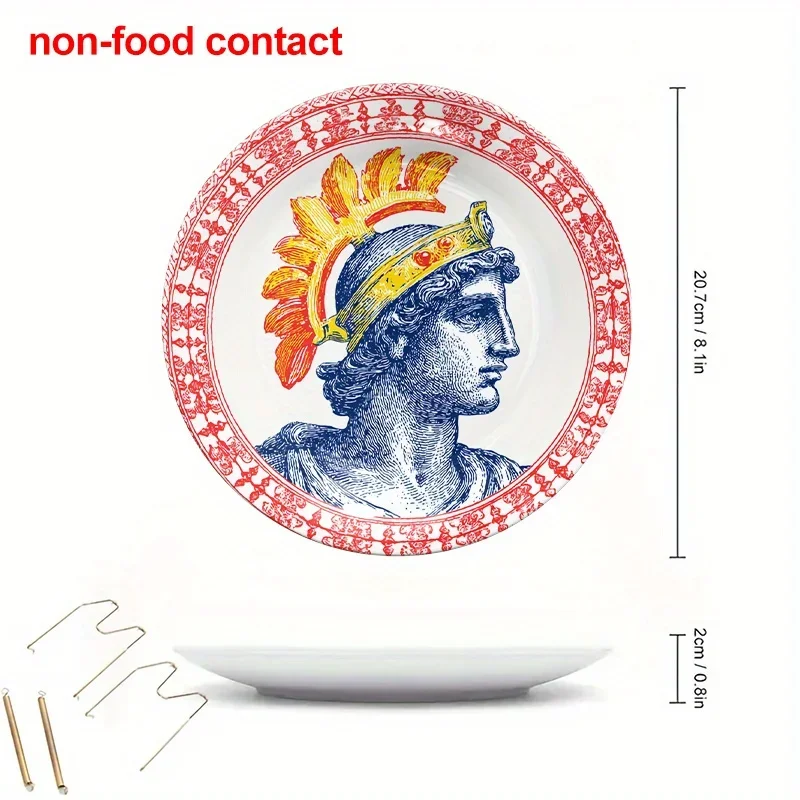 1pc Vintage Greek/Roman Warrior Head Plate - Navy Blue, Red, Golden Accent Ceramic Wall Decor - Non-Food Safe Serving Dish -