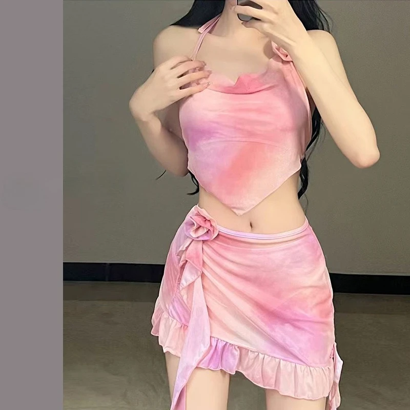 sexy 3d flower pink tie dye print spaghetti vest tops bikinis sets 3pcs with ruffles mini skirt swimsuits bathing suit swimwear