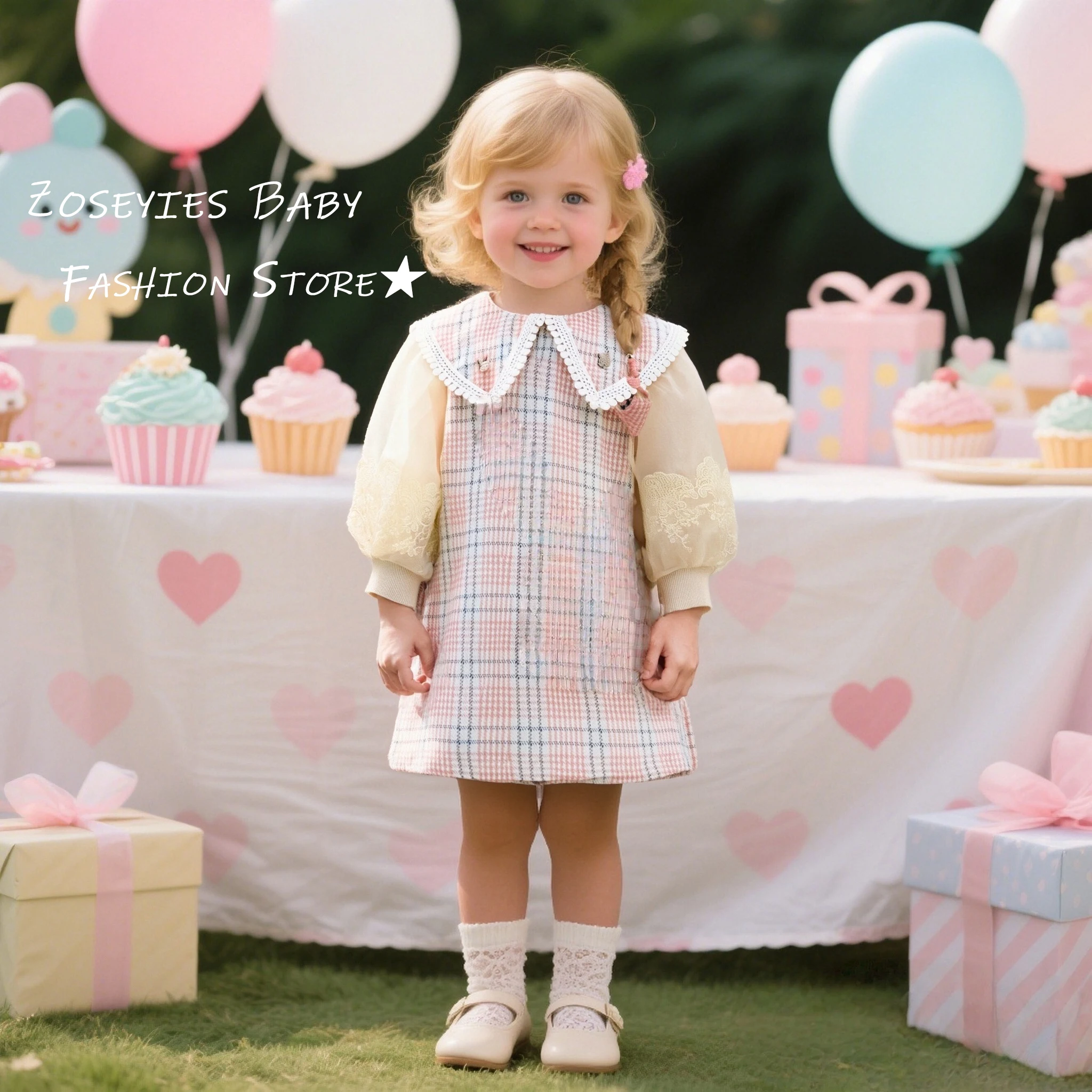 Girls' Dress Spring/Autumn Long-Sleeved Checkered Collar Baby Girl Dress Cute Birthday Party Baby Dress Baby Girl Clothes