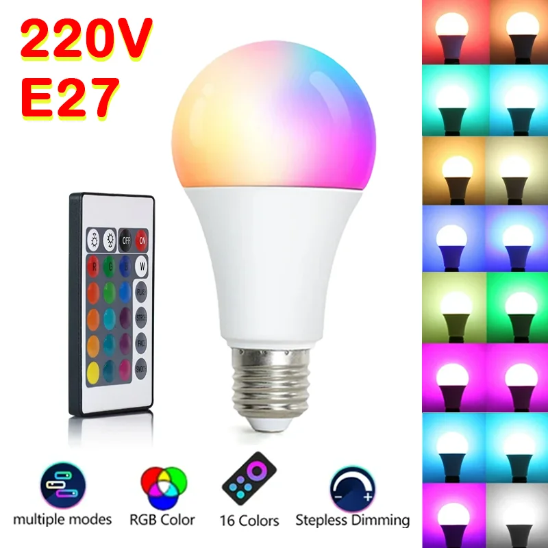 

16 Colors RGB LED Light Bulb E27 Base 220V Household Lighting Dimmable Remote Party Control Atmosphere Spotlight Lamp Luminair