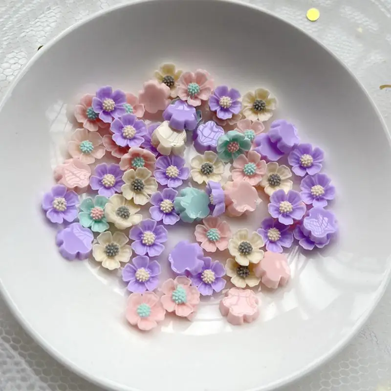 50PCS multicolor Flower flatback Resin Cabochons Scrapbook Craft 10mm DIY Embellishments decor Headwear accessories