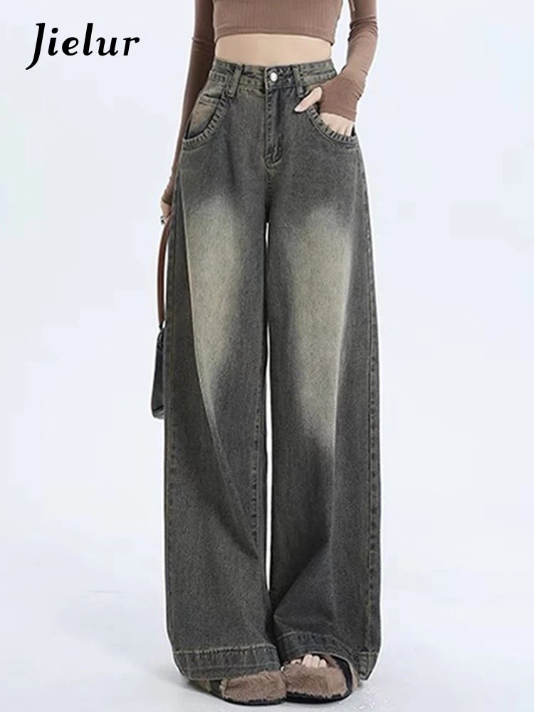 

American Vintage Chicly Washed Distressed Women Jeans New Fashion Full Length Vintage Street High Waist Female Wide Leg Pants